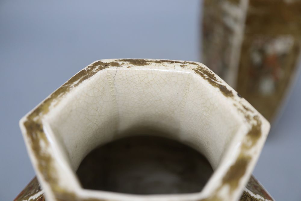 A pair of Japanese Satsuma hexagonal vases, height 24cm